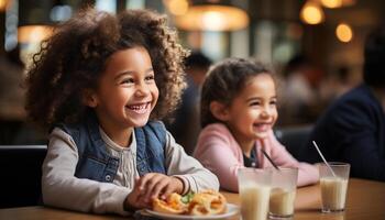 AI generated Two cheerful girls sitting at table, enjoying food with family generated by AI photo