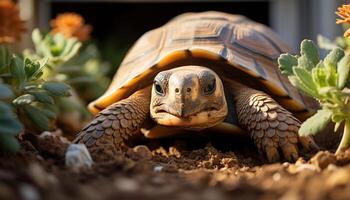 AI generated Cute tortoise crawling outdoors, slow and endangered in nature generated by AI photo