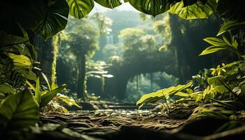 ai generado misterioso tropical selva verde árboles, niebla, y rocoso montañas generado por ai foto