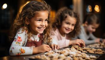 ai generado sonriente muchachas horneando galletas, disfrutando unión en Doméstico cocina generado por ai foto