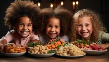 ai generado sonriente niños disfrutando un festivo comida, mirando a cámara generado por ai foto