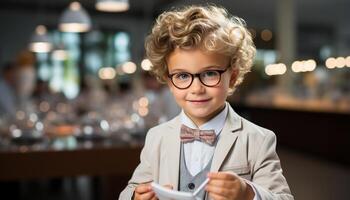 AI generated A cheerful child with blond hair, wearing a bow tie, smiling confidently, looking at the camera, indoors, holding a drink, portraying happiness and innocence generated by AI photo