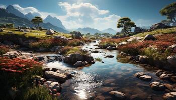 AI generated Tranquil meadow, mountain peak, reflecting in peaceful pond generated by AI photo