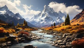 AI generated Majestic mountain range, tranquil meadow, and serene autumn forest generated by AI photo