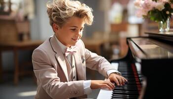 AI generated A cute boy playing piano, learning music with joy generated by AI photo