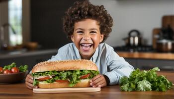 AI generated Smiling child enjoying a healthy sandwich in cheerful kitchen generated by AI photo