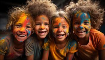 AI generated Smiling children enjoy colorful paint, celebrating friendship and joy generated by AI photo