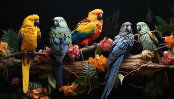 AI generated Vibrant macaw perching on branch, showcasing nature colorful beauty generated by AI photo