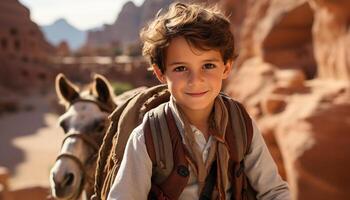 ai generado sonriente niño en lado de caballo, disfrutando naturaleza belleza y aventuras generado por ai foto