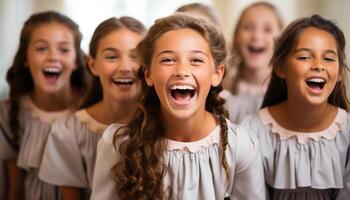 ai generado sonriente colegio niños en aula, aprendizaje y teniendo divertido juntos generado por ai foto