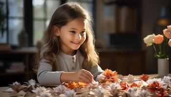 AI generated Smiling girl holds flower, enjoying nature beauty indoors generated by AI photo