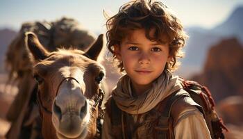 ai generado sonriente niño en granja, mirando a cámara, montando caballo generado por ai foto