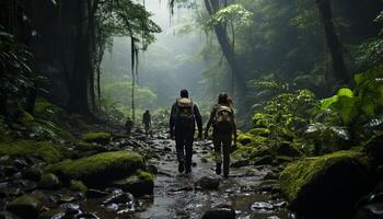 ai generado dos hombres y mujer excursionismo en el bosque, disfrutando naturaleza generado por ai foto