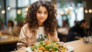 AI generated One woman smiling, looking at camera, enjoying healthy vegetarian meal generated by AI photo