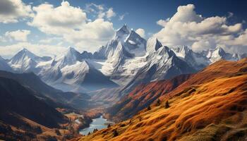 AI generated Majestic mountain peak, snow covered landscape, tranquil meadow, panoramic adventure generated by AI photo