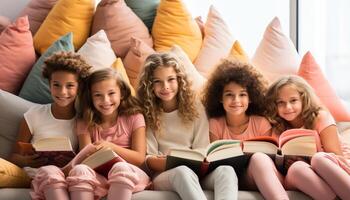 ai generado sonriente muchachas leyendo libro, alegre Niños aprendizaje adentro felizmente generado por ai foto