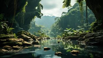 ai generado tranquilo escena verde bosque, fluido agua, reflejando montaña rango generado por ai foto