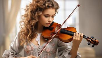 ai generado uno joven mujer, un violinista, jugando adentro con elegancia generado por ai foto