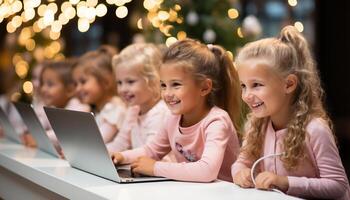 ai generado un grupo de alegre niños sentado juntos, sonriente y utilizando laptops generado por ai foto