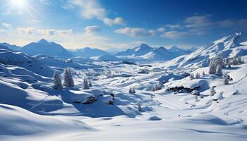 ai generado invierno belleza nieve cubierto montañas, tranquilo paisajes, y extremo Deportes generado por ai foto