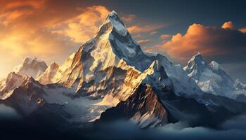 AI generated Majestic mountain range, snow capped peaks, tranquil sunset, breathtaking landscape generated by AI photo