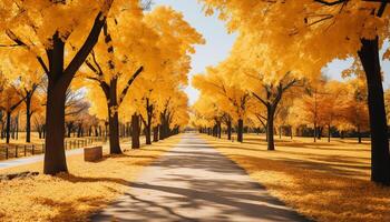 AI generated Autumn tree, nature beauty, vibrant colors, tranquil meadow, walking path generated by AI photo