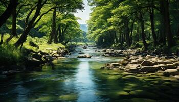 AI generated Tranquil scene  nature beauty flows through the forest generated by AI photo