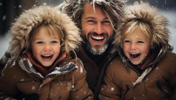 AI generated Smiling family embraces winter, playing in snow, joyful and cheerful generated by AI photo