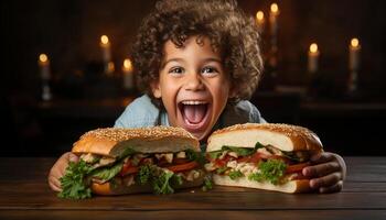 AI generated Smiling child enjoying a delicious cheeseburger meal indoors generated by AI photo