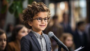 ai generado sonriente colegio niños cantando, aprendiendo, y ejecutando con confianza generado por ai foto