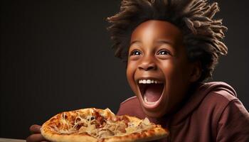 ai generado sonriente africano niño disfrutando pizza, mirando a cámara con alegría generado por ai foto