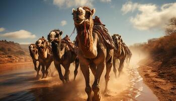 ai generado corriendo manada de dromedario camellos en el africano Desierto generado por ai foto