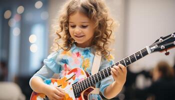 ai generado linda caucásico niña sonriente, jugando guitarra, disfrutando infancia música generado por ai foto