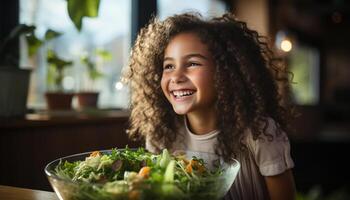 ai generado sonriente hembras disfrutando sano comida en Doméstico cocina generado por ai foto