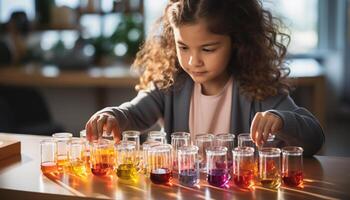 ai generado un linda niña estudiando química, torrencial líquido con concentración generado por ai foto