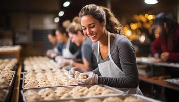 ai generado sonriente mujer en delantales, trabajando juntos, horneando Fresco un pan generado por ai foto