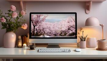 ai generado moderno oficina con computadora, escritorio, planta, y flor decoración generado por ai foto