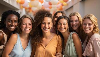 ai generado sonriente mujer disfrutando fiesta, amistad, y alegre unión generado por ai foto