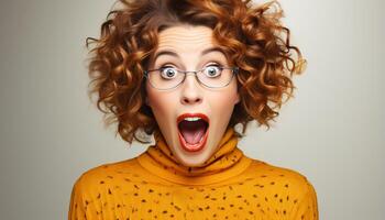 AI generated A cute, curly haired woman with a shocked expression and eyeglasses generated by AI photo