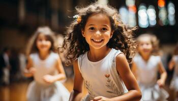 ai generado sonriente niños jugando, disfrutando verano, unión en naturaleza, despreocupado felicidad generado por ai foto