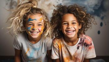 AI generated Two cheerful girls playing and laughing, pure childhood joy generated by AI photo