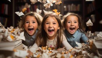 ai generado sonriente muchachas jugando, alegre familia celebrando, linda niños disfrutando otoño generado por ai foto