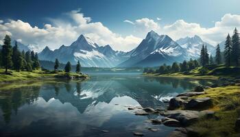 AI generated Mountain peak reflects in tranquil pond, nature majestic beauty generated by AI photo