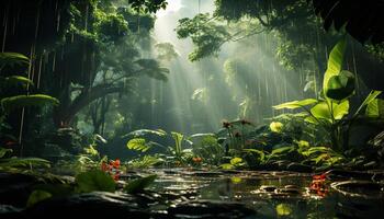 AI generated Tranquil scene  green leaves, fresh water, tropical rainforest beauty generated by AI photo