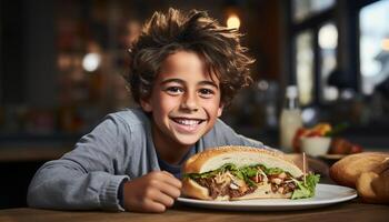 ai generado sonriente niño disfrutando un Fresco emparedado en el cocina generado por ai foto