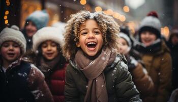 AI generated Smiling winter happiness, cheerful child, warm clothing, girls having fun generated by AI photo