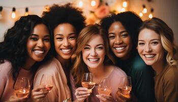 ai generado sonriente mujer celebrar amistad, felicidad, y alegre la vida nocturna juntos generado por ai foto