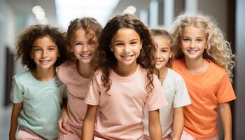 ai generado sonriente niños en aula, linda y alegre, mirando a cámara generado por ai foto