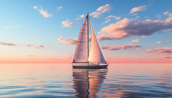ai generado velero paño en tranquilo agua, puesta de sol pinturas un romántico silueta generado por ai foto
