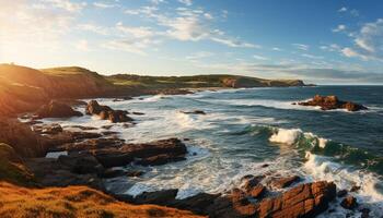 AI generated Sunset over the coastline, waves breaking on rocky cliffs generated by AI photo